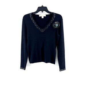 Saks Fifth Avenue Belford Silk Blend Leather Trim Long Sleeve Kit Top Size Med